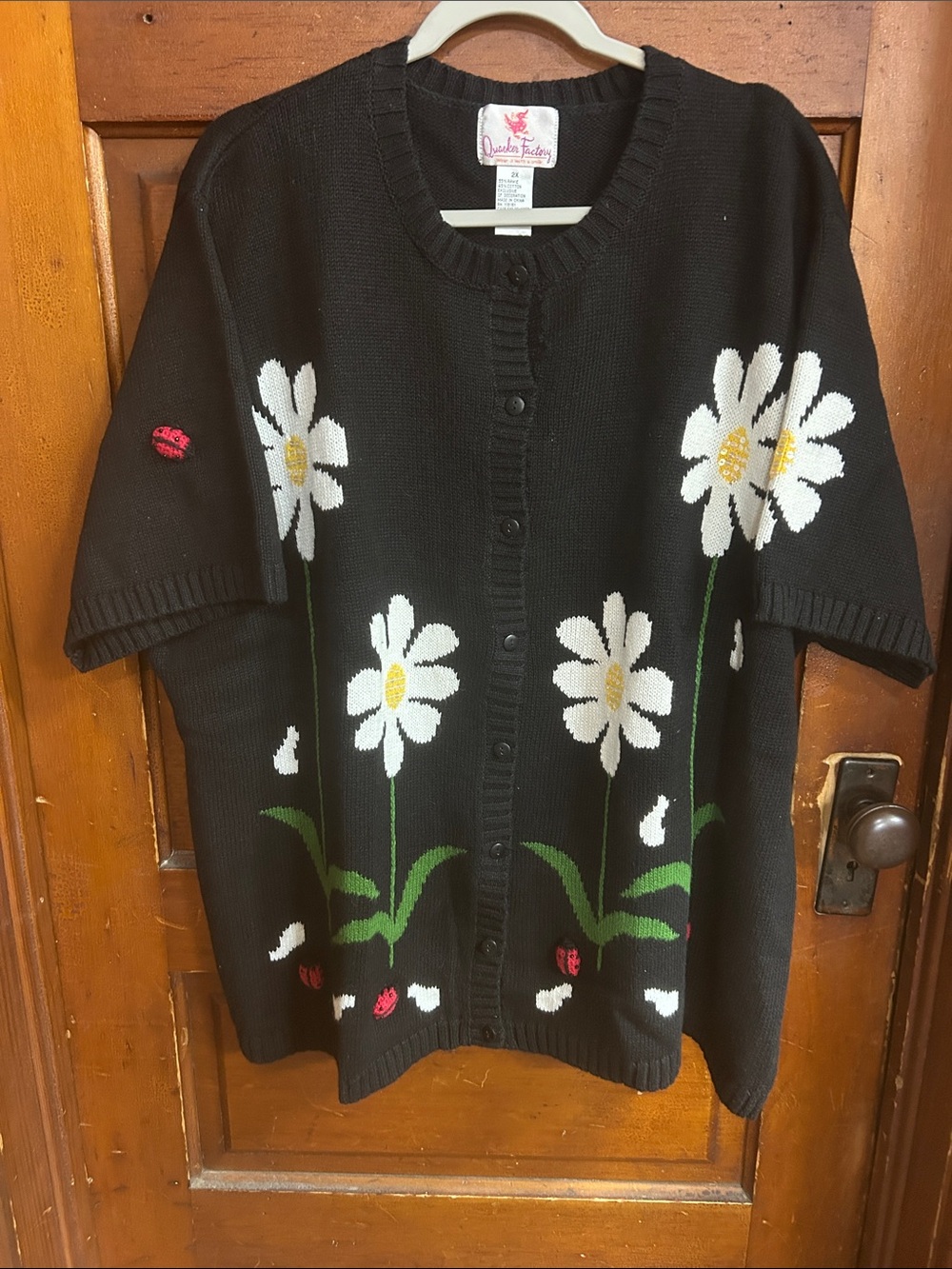 Quacker Factory Black Daisy Knit Cardigan with Floral Accents and Ladybugs